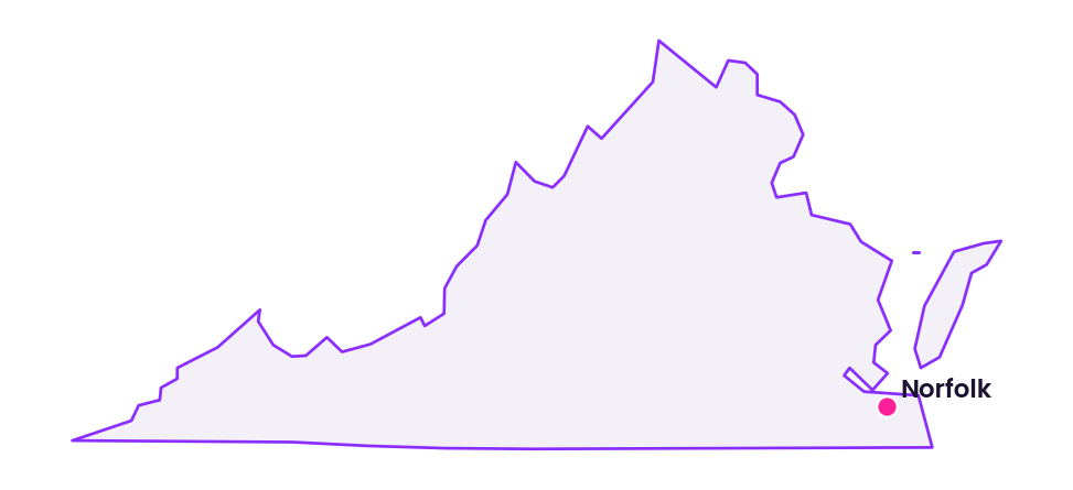 Map of Virginia showing the location of Norfolk