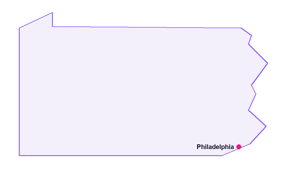 Map of Pennsylvania showing the location of Philadelphia