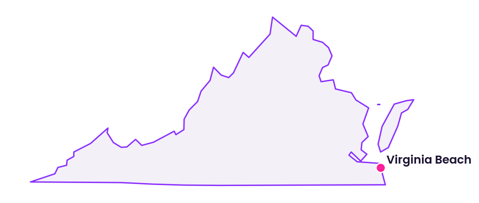 Map of Virginia showing the location of Virginia Beach