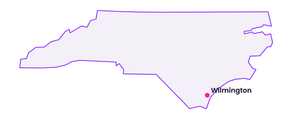 Map of North Carolina showing the location of Wilmington