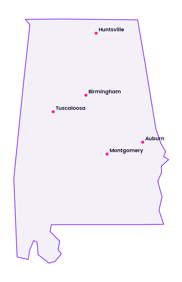 Map of Alabama showing the cities discussed in this review