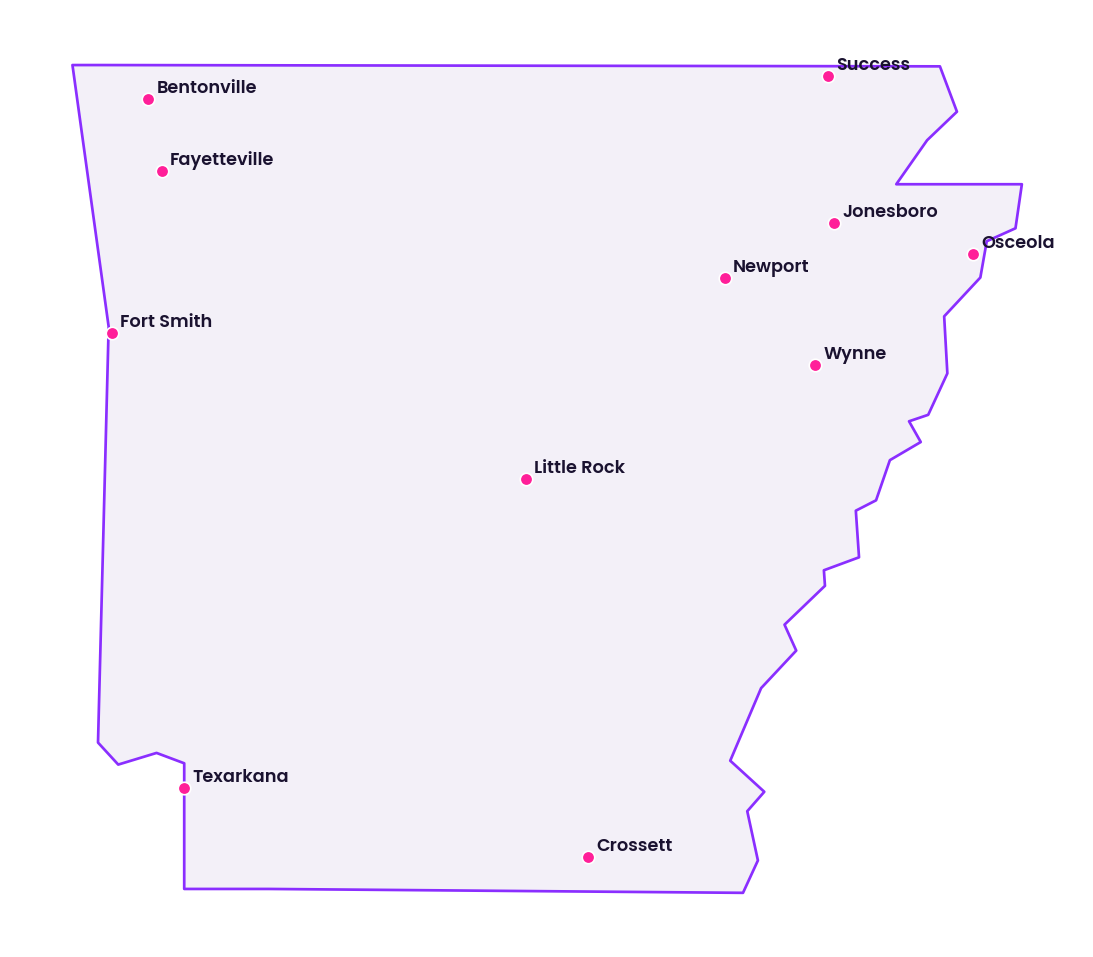 Map of Arkansas showing the cities discussed in this review