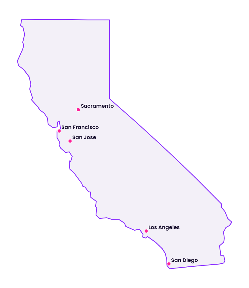 Map of California showing the cities discussed in this review