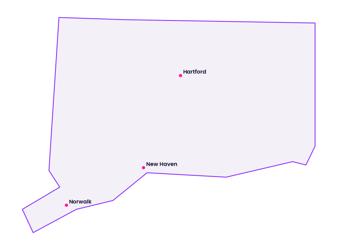 Map of Connecticut showing the cities discussed in this review