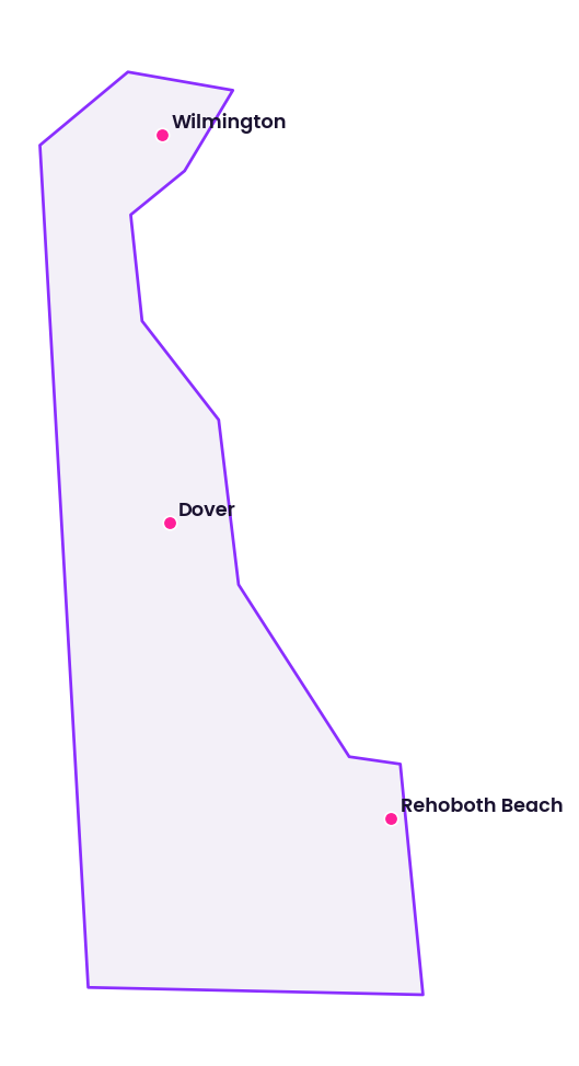 Map of Delaware showing the cities discussed in this review