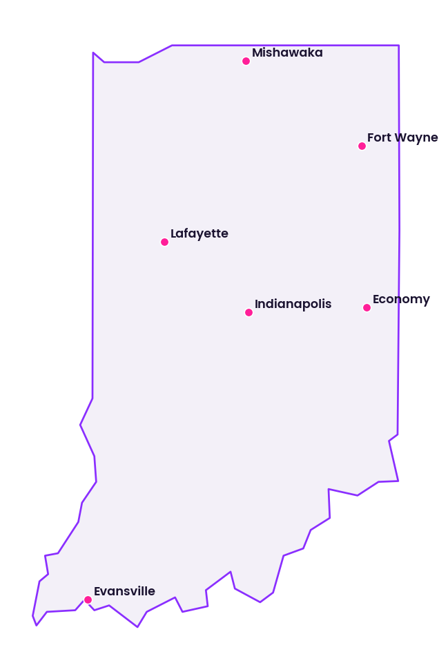 Map of Indiana showing the cities discussed in this review