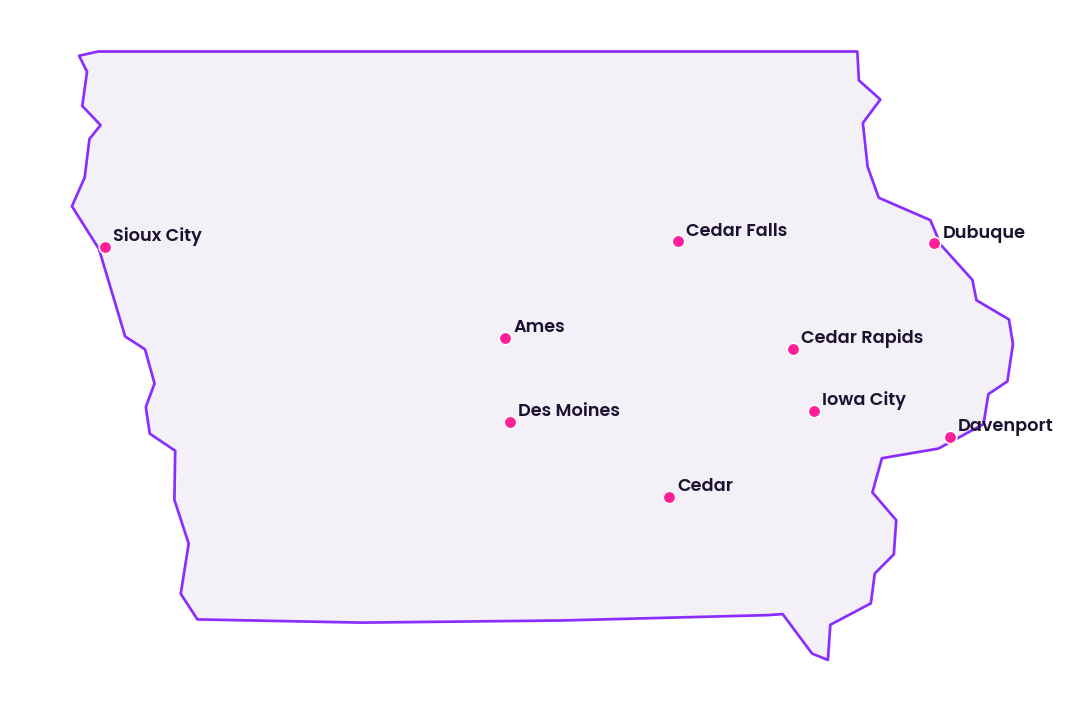 Map of Iowa showing the cities discussed in this review