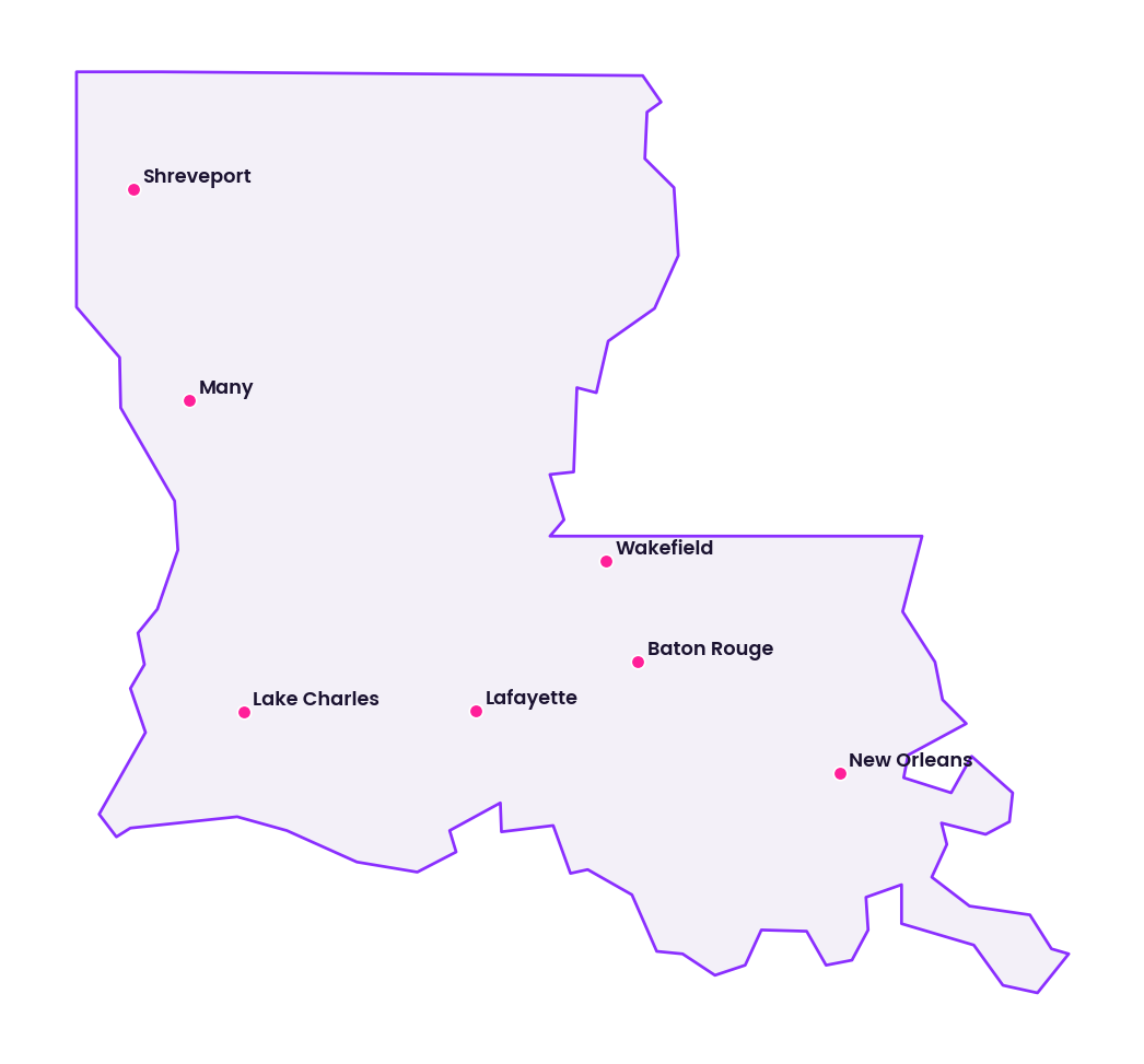 Map of Louisiana showing the cities discussed in this review