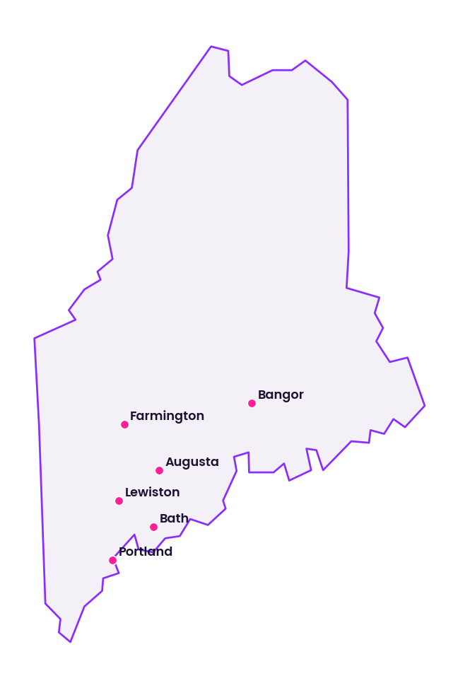 Map of Maine showing the cities discussed in this review