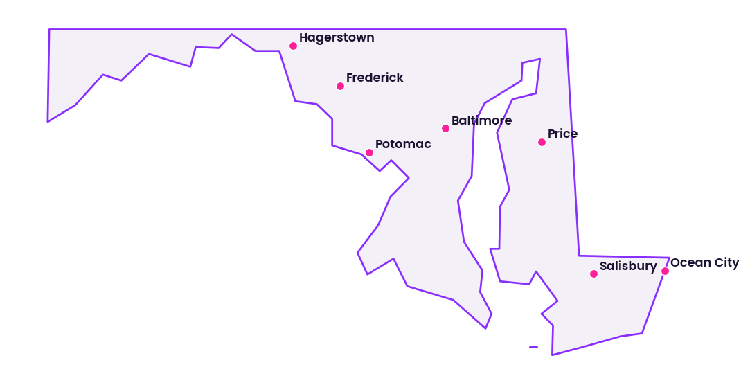 Map of Maryland showing the cities discussed in this review
