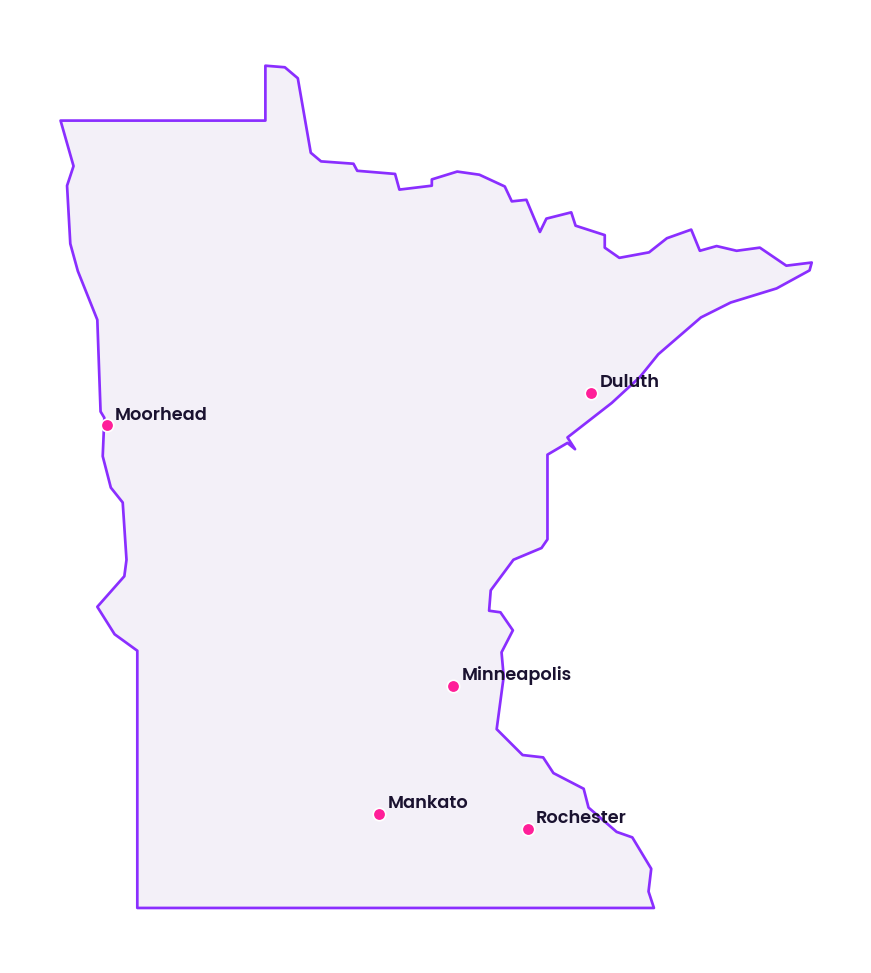 Map of Minnesota showing the cities discussed in this review