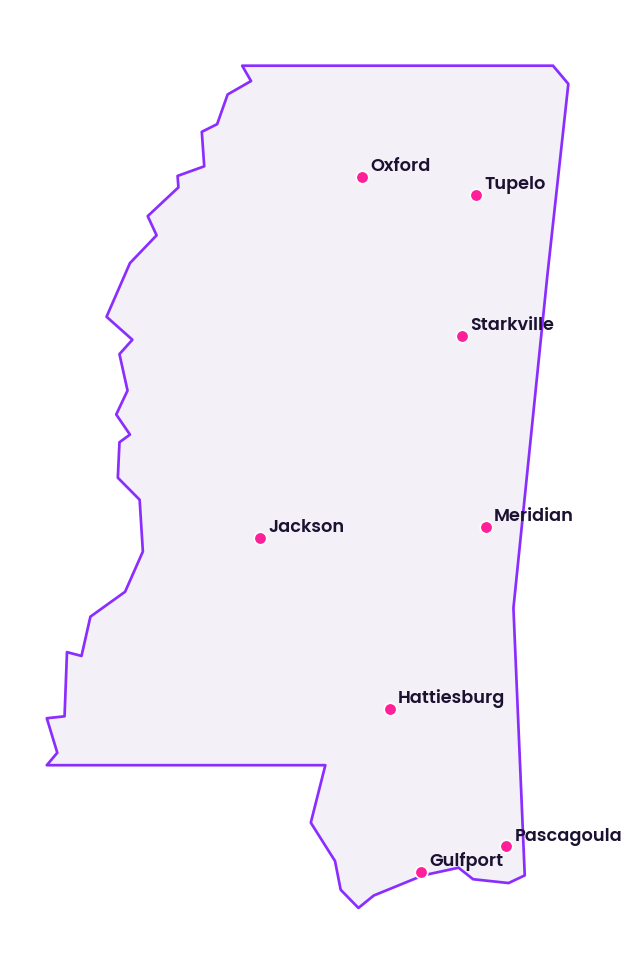 Map of Mississippi showing the cities discussed in this review