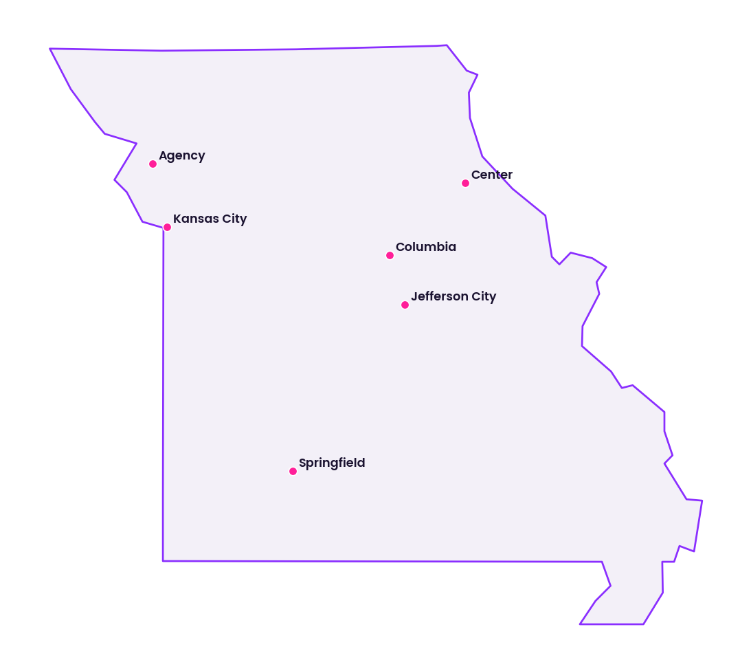 Map of Missouri showing the cities discussed in this review
