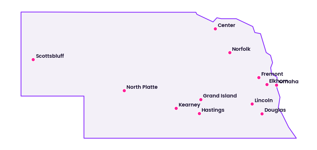 Map of Nebraska showing the cities discussed in this review