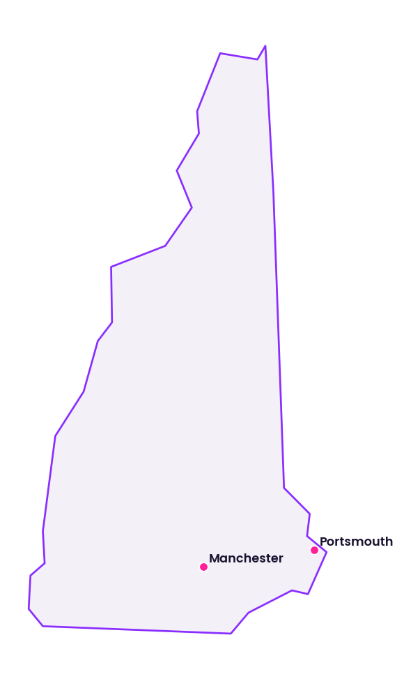 Map of New Hampshire showing the cities discussed in this review