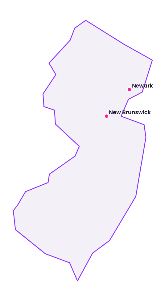 Map of New Jersey showing the cities discussed in this review