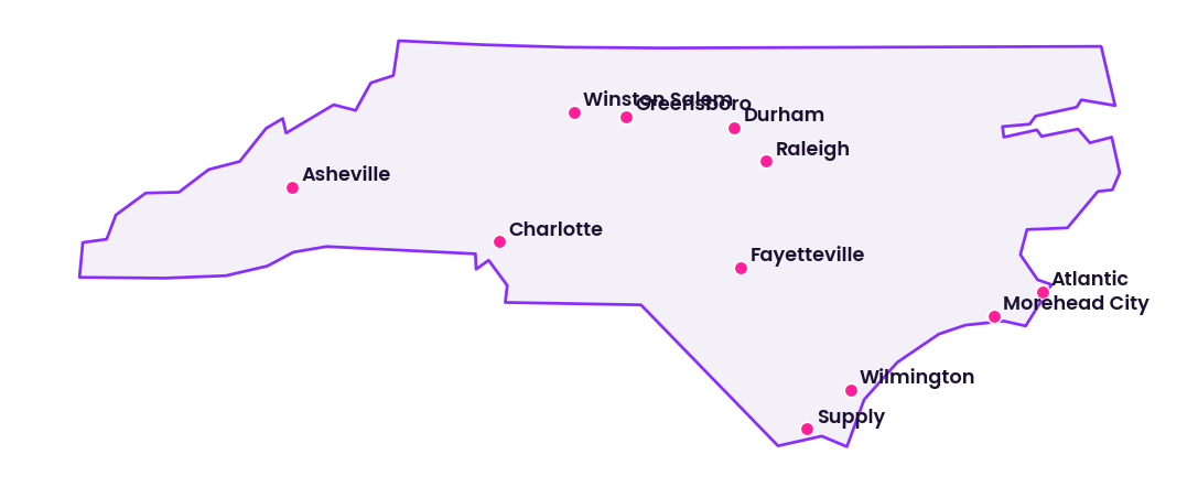 Map of North Carolina showing the cities discussed in this review