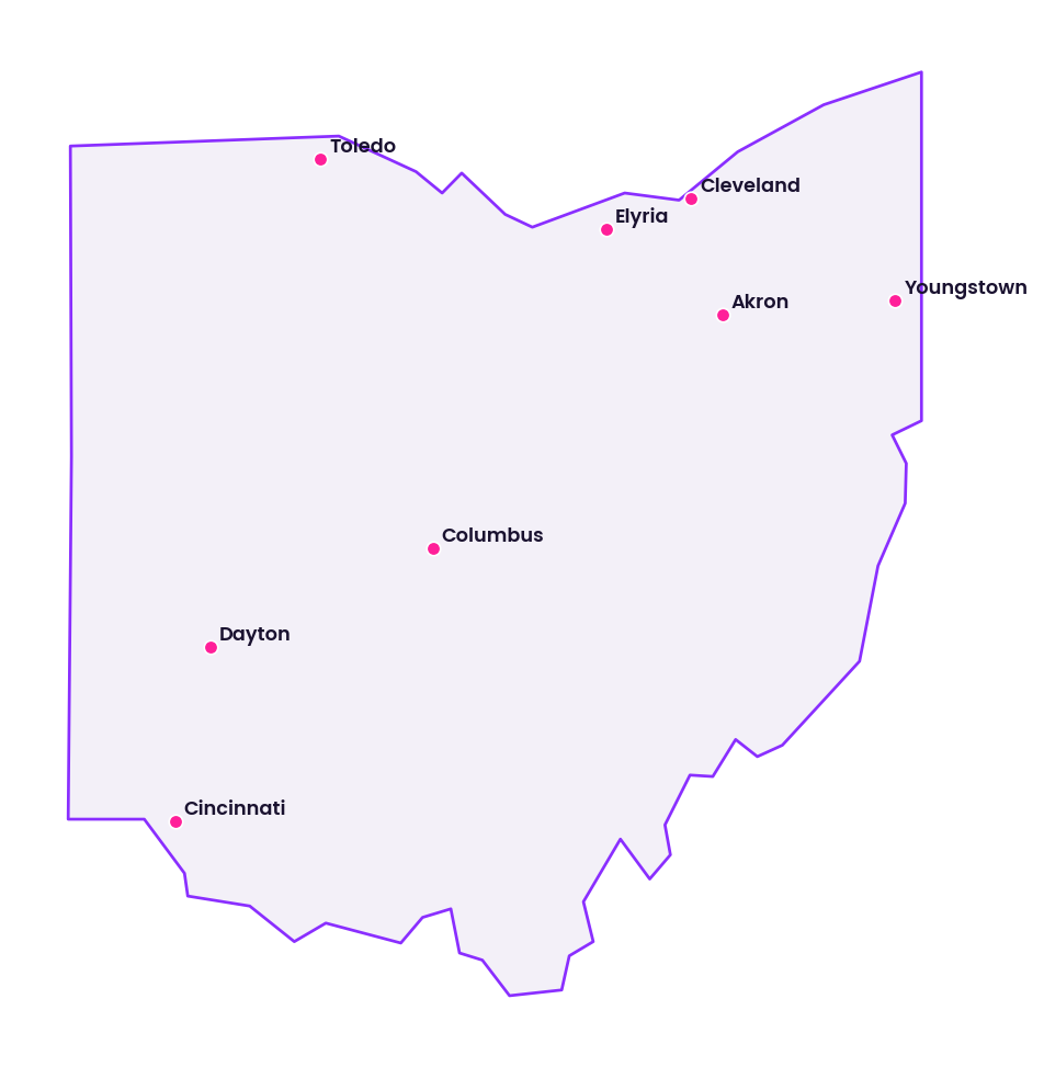 Map of Ohio showing the cities discussed in this review