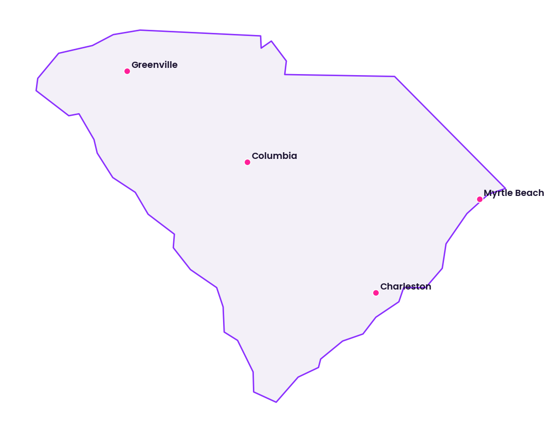 Map of South Carolina showing the cities discussed in this review