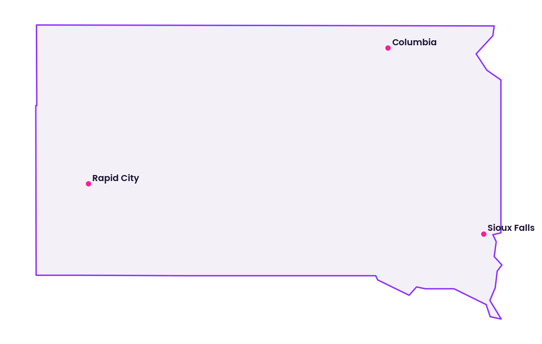 Map of South Dakota showing the cities discussed in this review