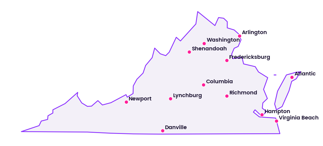 Map of Virginia showing the cities discussed in this review