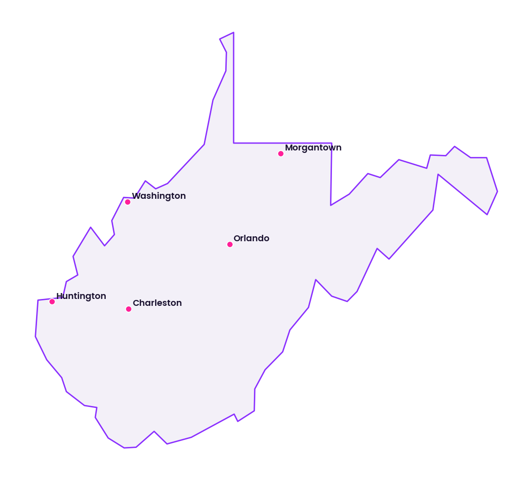Map of West Virginia showing the cities discussed in this review