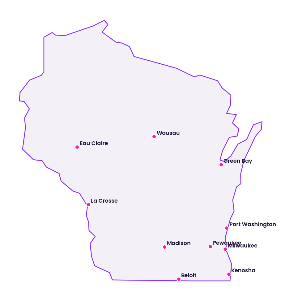 Map of Wisconsin showing the cities discussed in this review